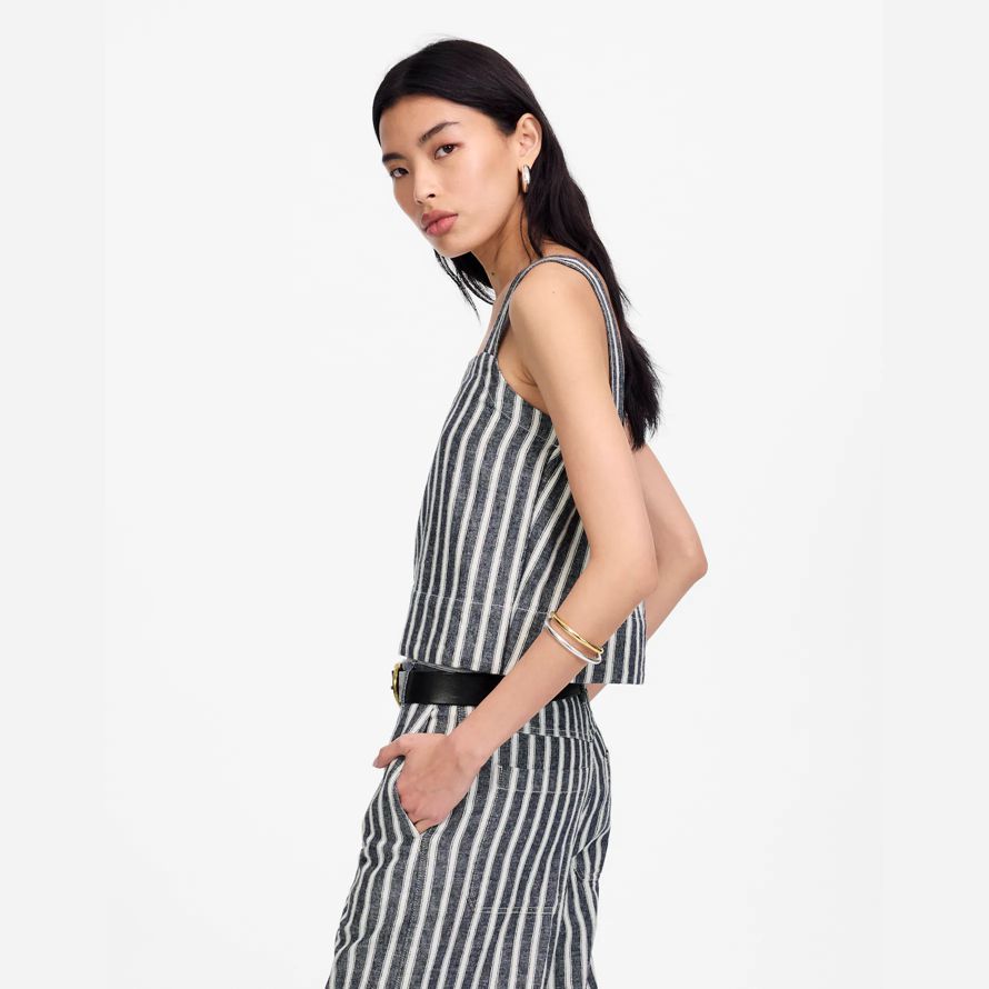 navy white madewell squareneck linen blend stripe womens top
