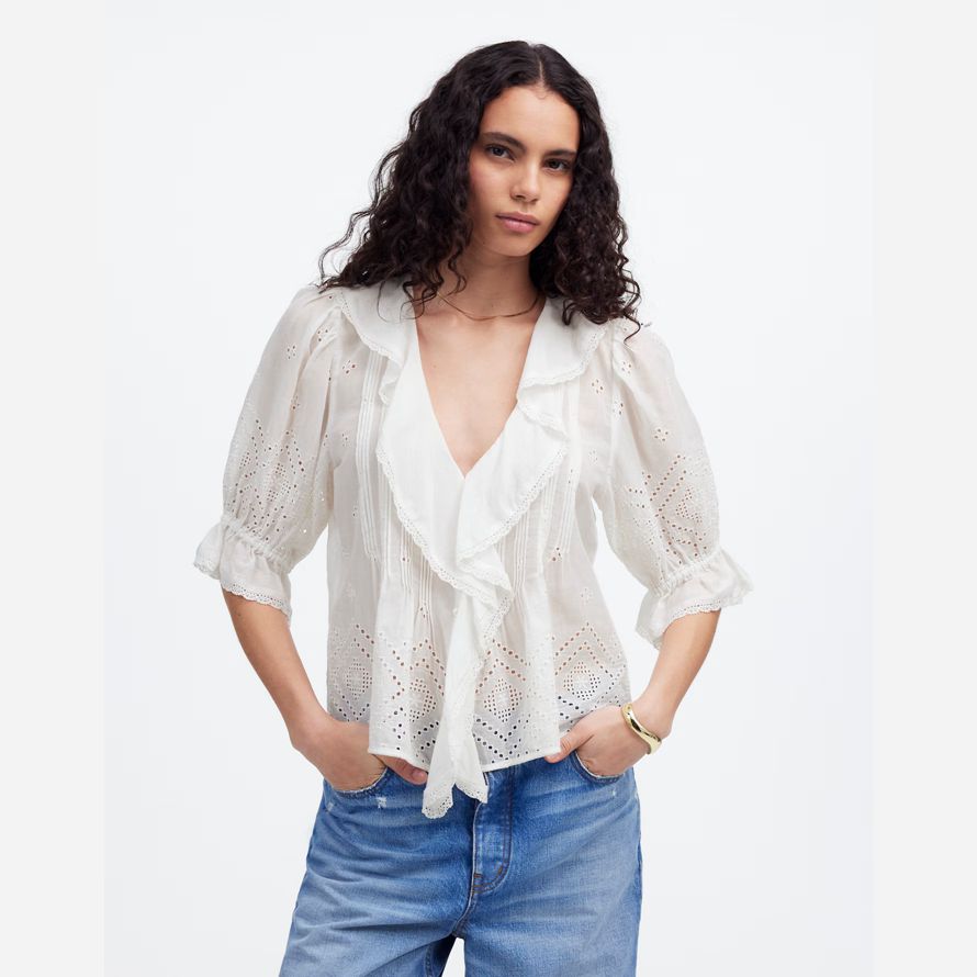 madewell ruffled puff-sleeve womens top white