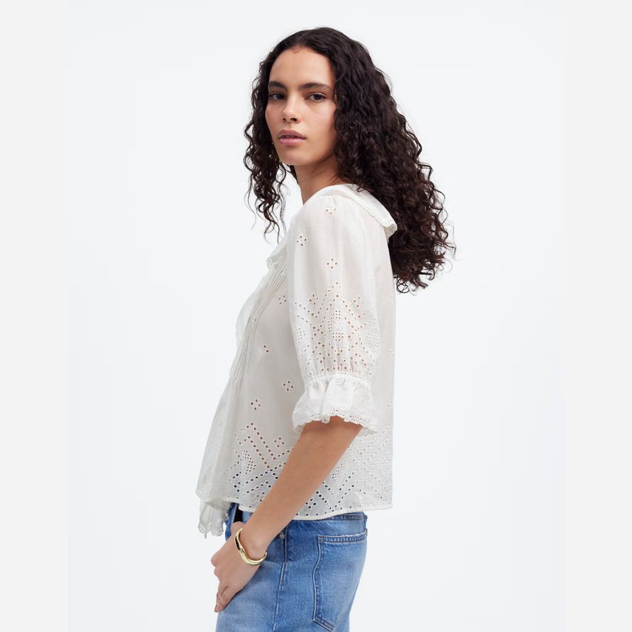 madewell ruffled puff-sleeve womens top white
