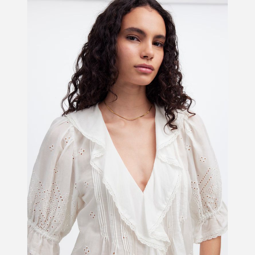 madewell ruffled puff-sleeve womens top white