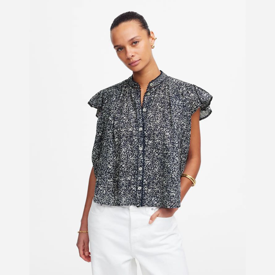 madewell geraffte lace-trim womens top navy white
