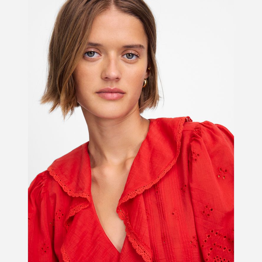 red madewell womens ruffled puff-sleeve top