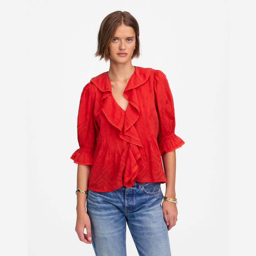 red madewell womens ruffled puff-sleeve top