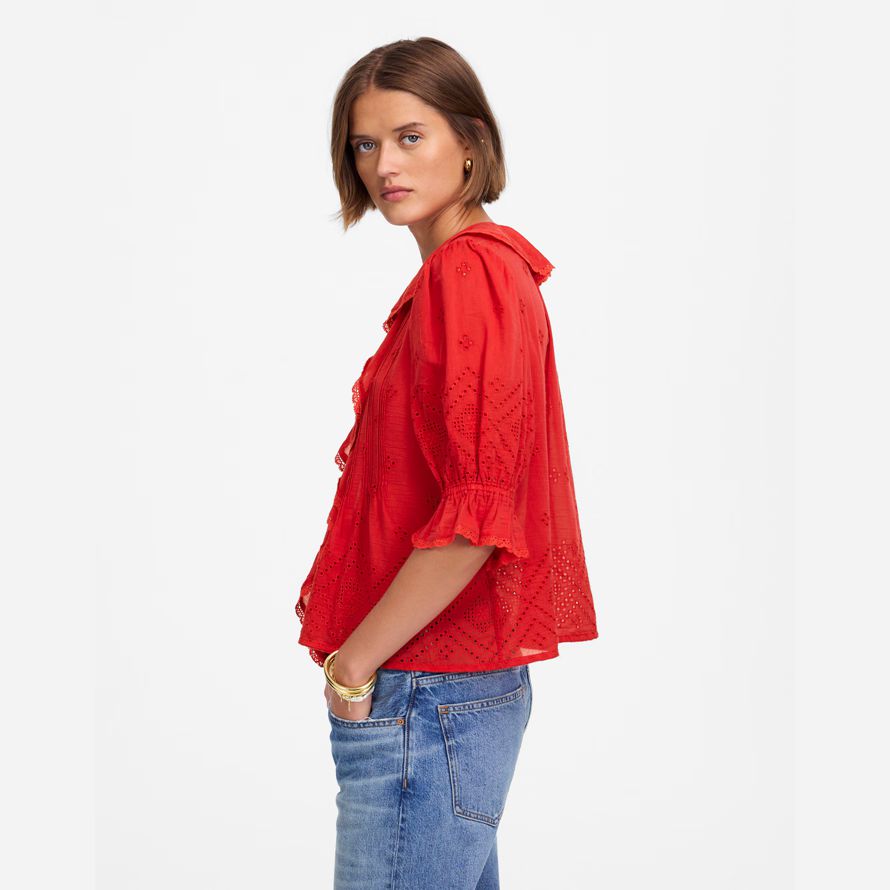 red madewell womens ruffled puff-sleeve top
