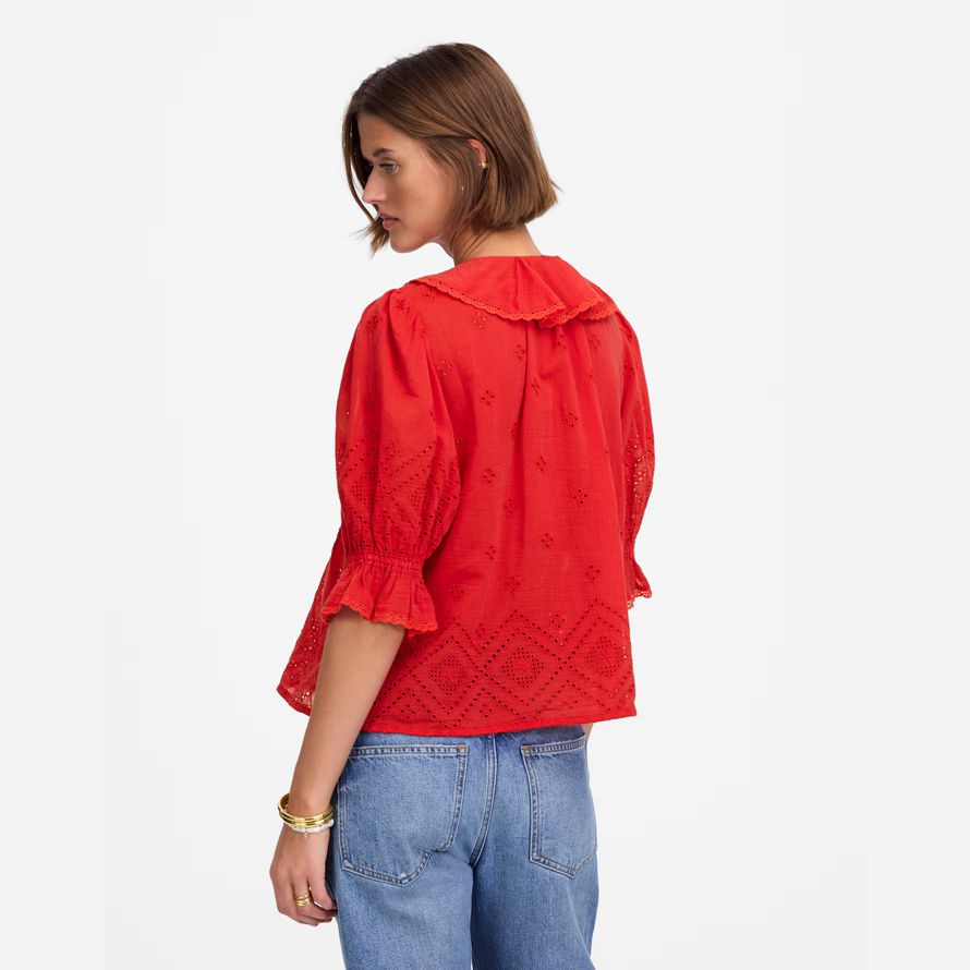 red madewell womens ruffled puff-sleeve top