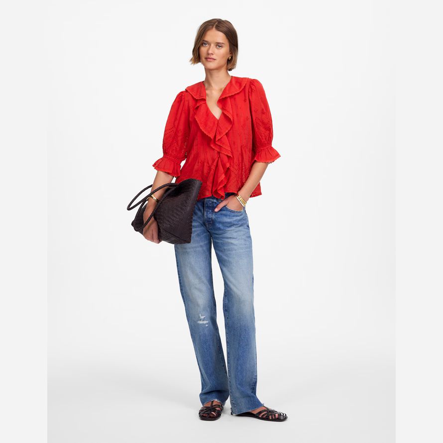 red madewell womens ruffled puff-sleeve top