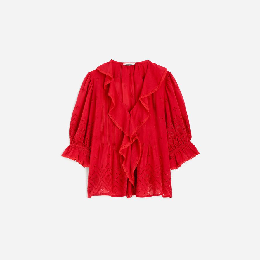 red madewell womens ruffled puff-sleeve top