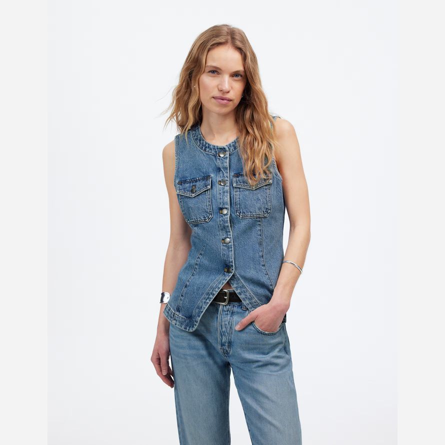 blau damen madewell denim high crewneck weste