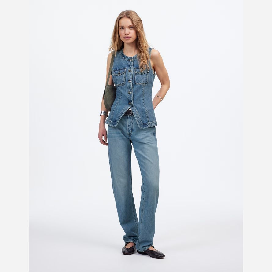 blau damen madewell denim high crewneck weste