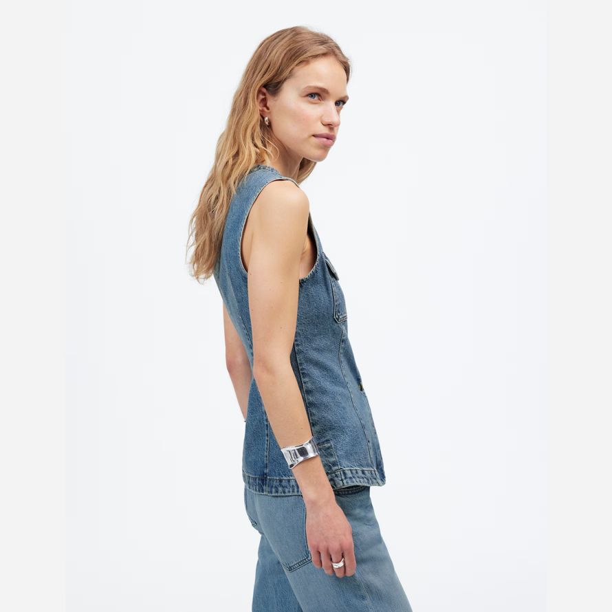 blau damen madewell denim high crewneck weste